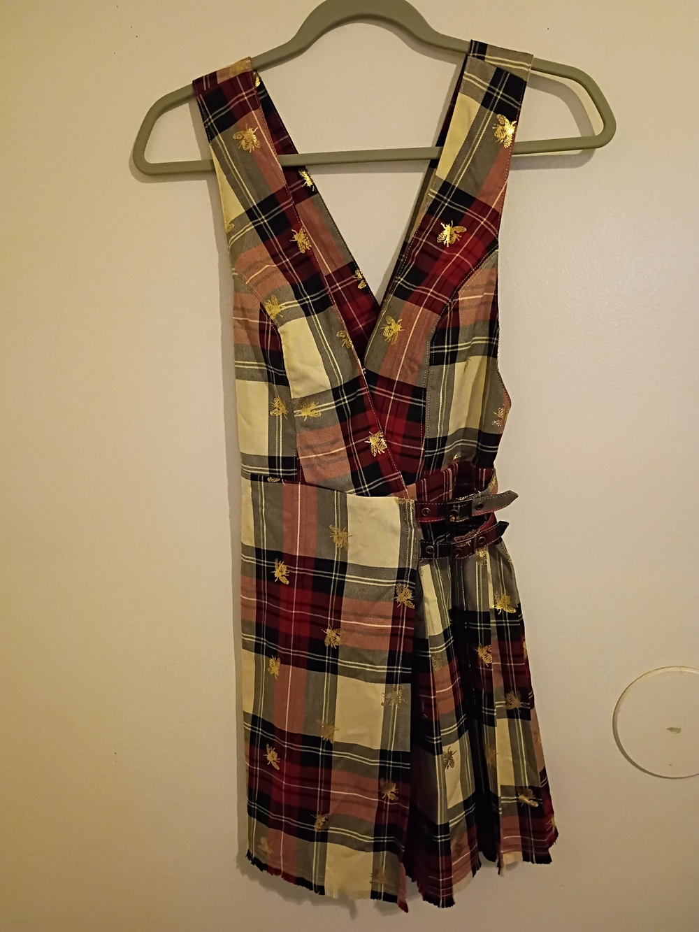 Plaid V-Neck Sleeveless Wrap Dress with Metallic Bee Print - Red/Cream Sz XS